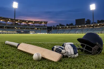 AI-generated representative image of cricket equipment at a generic stadium