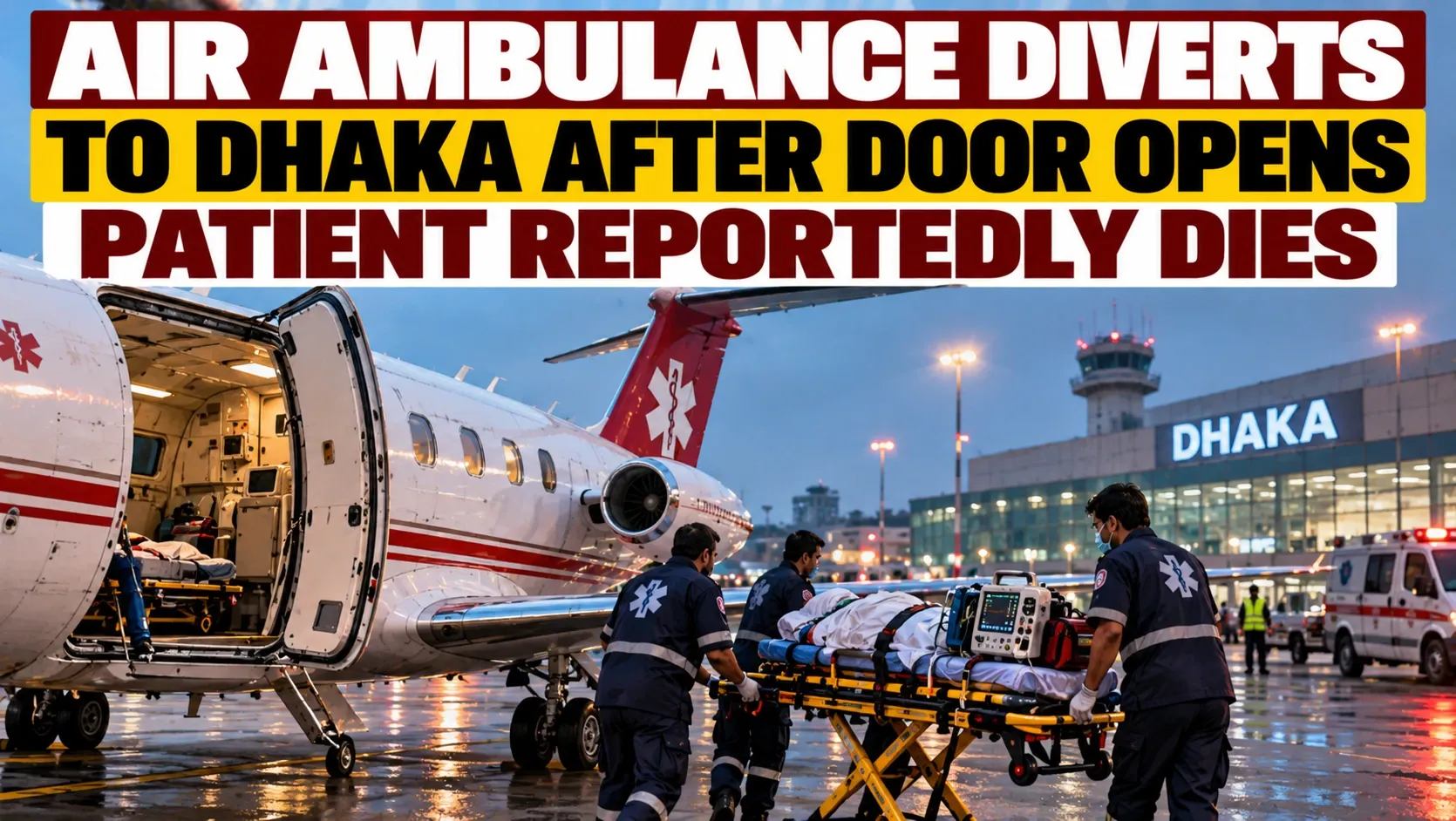 AI-generated illustrative scene of an air ambulance diverted to Dhaka with emergency responders; not a documentary photograph of the actual incident.