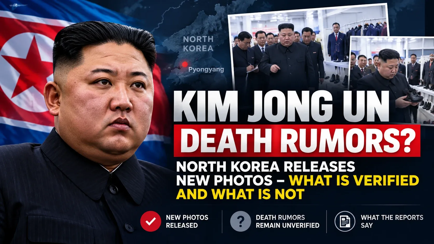 Editorial illustration about reports of Kim Jong Un appearing at an exhibition amid unverified death rumours.