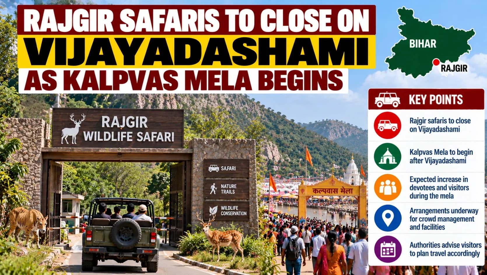 AI-generated illustrative artwork showing Rajgir Wildlife Safari and the Kalpvas Mela; not a documentary photograph or official government graphic.