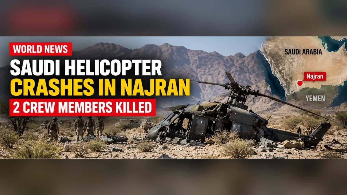 AI-generated news graphic about the reported Saudi helicopter crash in Najran; not an actual photograph.