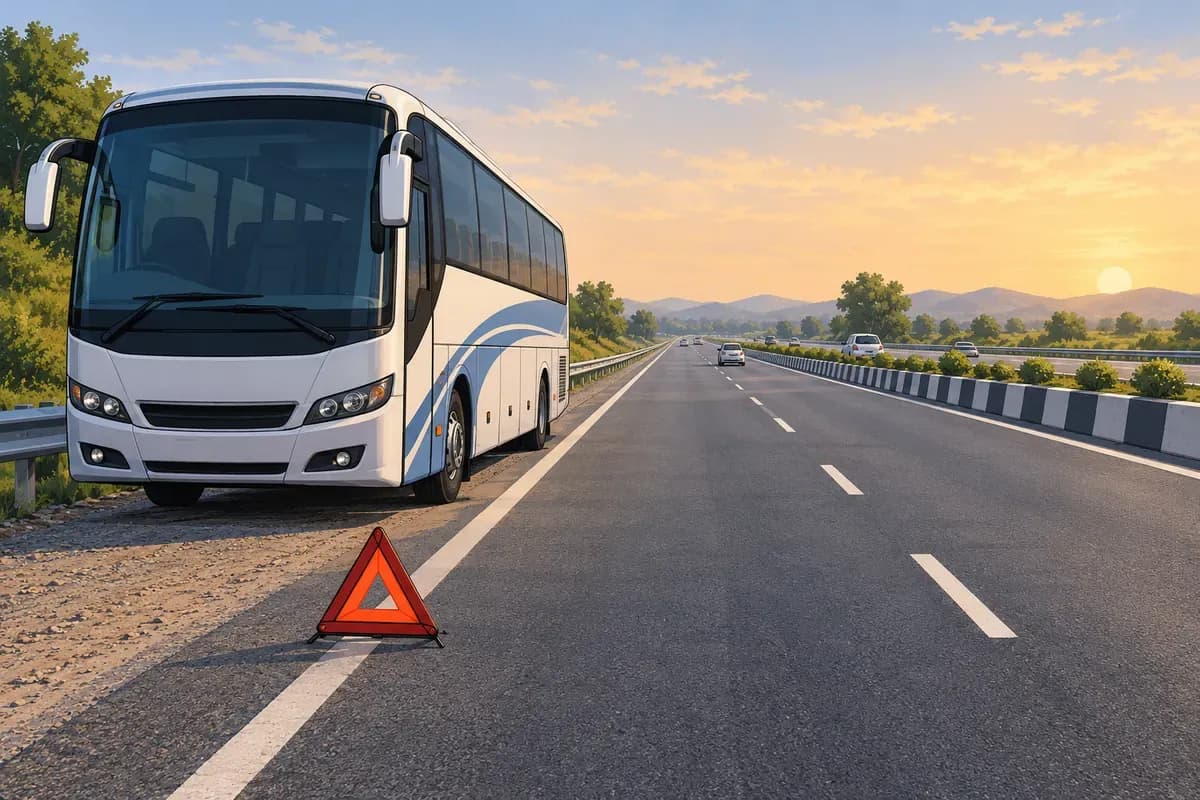 AI-generated illustration of a generic coach and road-safety warning triangle