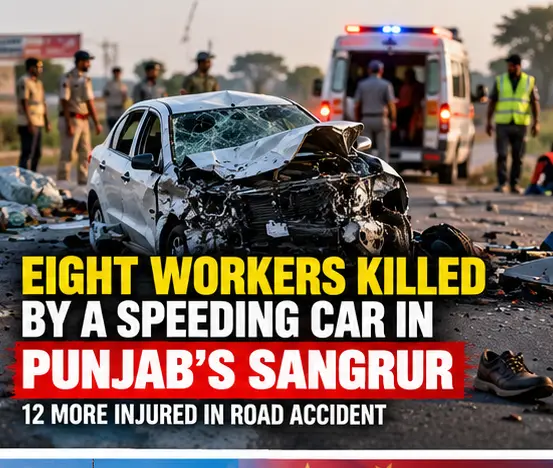 AI-generated editorial illustration of a road crash and emergency response in Sangrur, Punjab; not a documentary photograph.