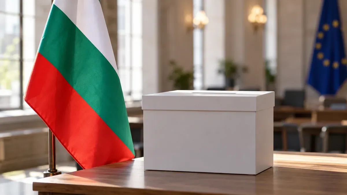 Bulgarian white green red horizontal tricolour beside a plain closed ballot box, neutral soft-focus European civic interior, natural window light, no writing or ballot choices, calm election concept.