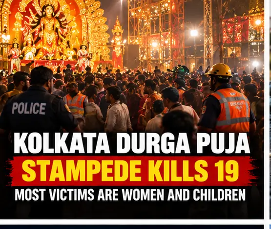 AI-generated editorial illustration of crowd safety response during a Durga Puja event in Kolkata; not a documentary photograph.