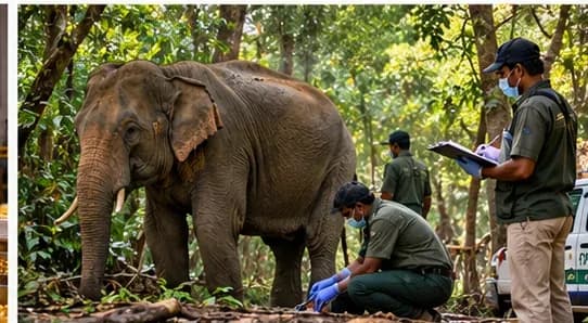 AI-generated illustration of an elephant in a forest with wildlife-health response imagery; not a photograph of the deceased animal.