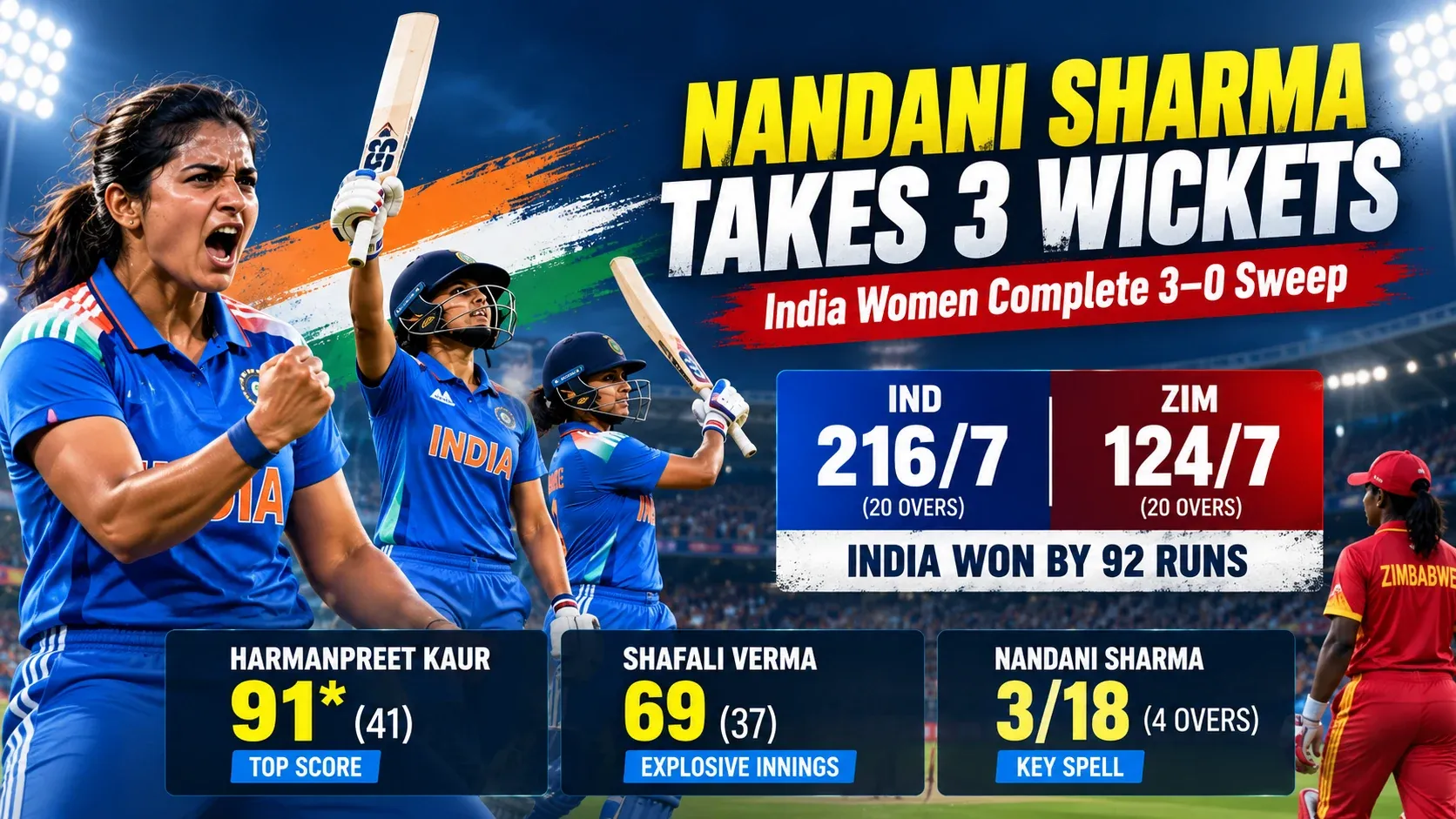 Illustrative cricket news graphic about Nandani Sharma and India's T20I series win