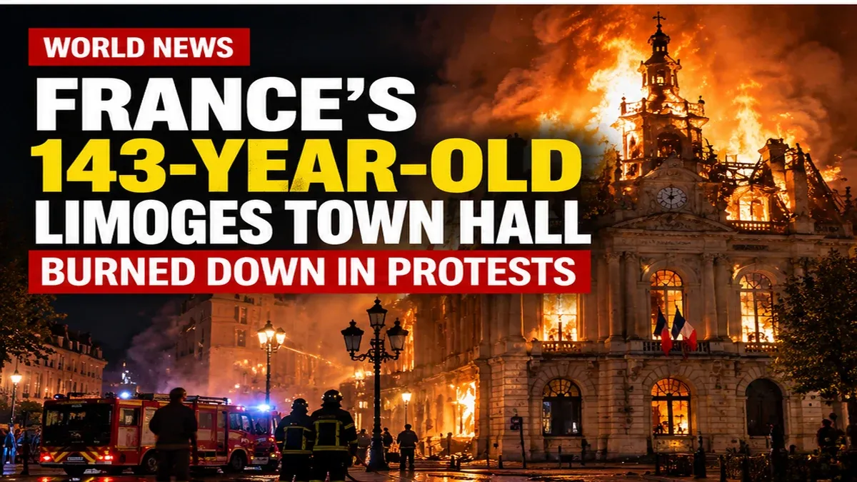 AI-generated news thumbnail depicting a fire at the historic Limoges Town Hall; not an actual photograph.