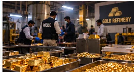 AI-generated editorial illustration of a gold refinery and police investigation; not a real incident photograph.