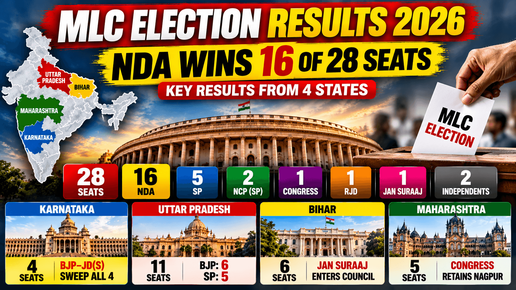 Graphic summarising the 2026 MLC election results across Karnataka, Uttar Pradesh, Bihar and Maharashtra