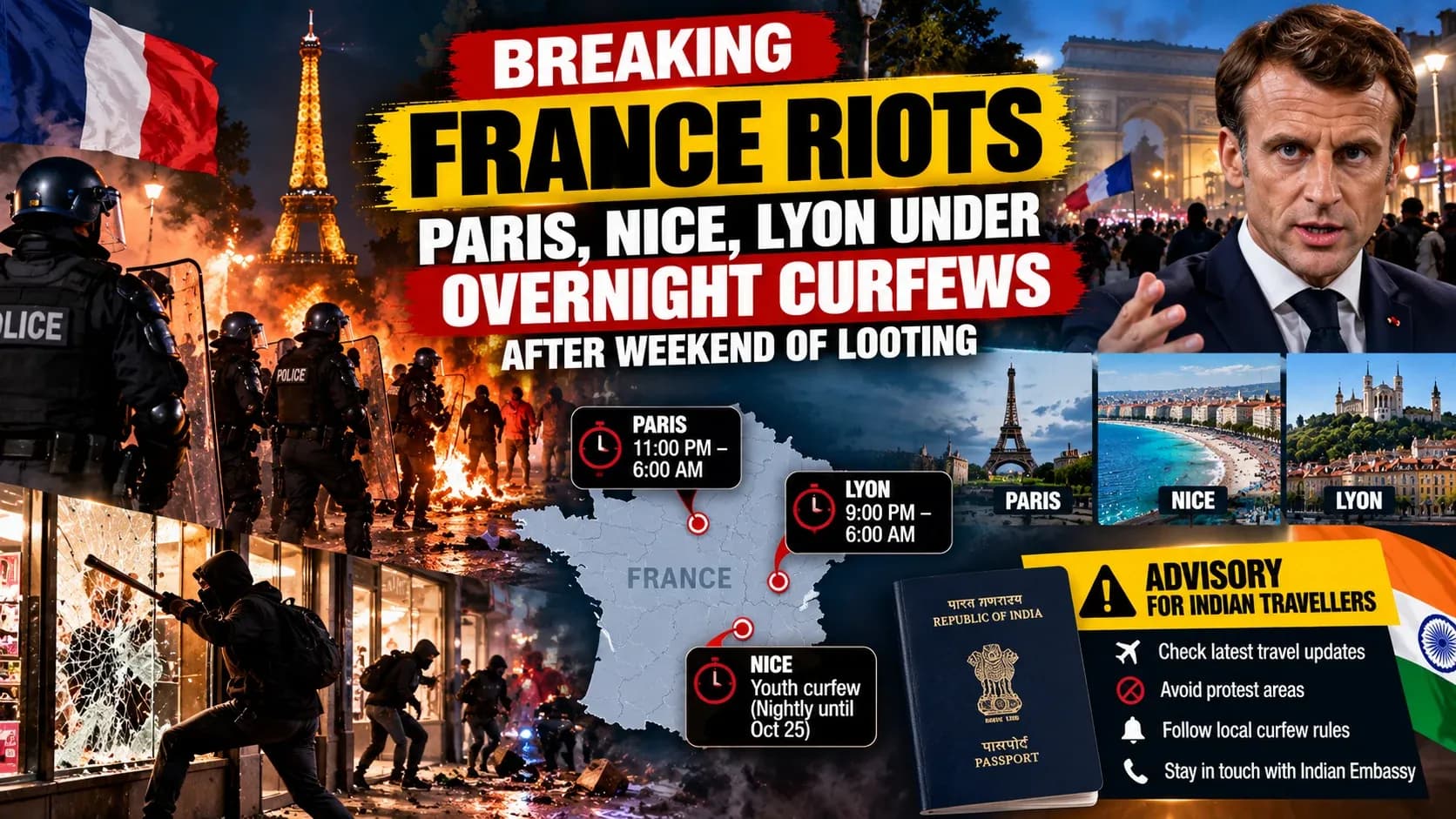 Illustrative news graphic about unrest and overnight curfews in France