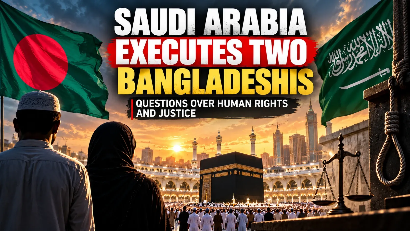 AI-generated editorial illustration about Saudi Arabia's execution of two Bangladeshi nationals and concerns over human rights and justice; not a documentary photograph.