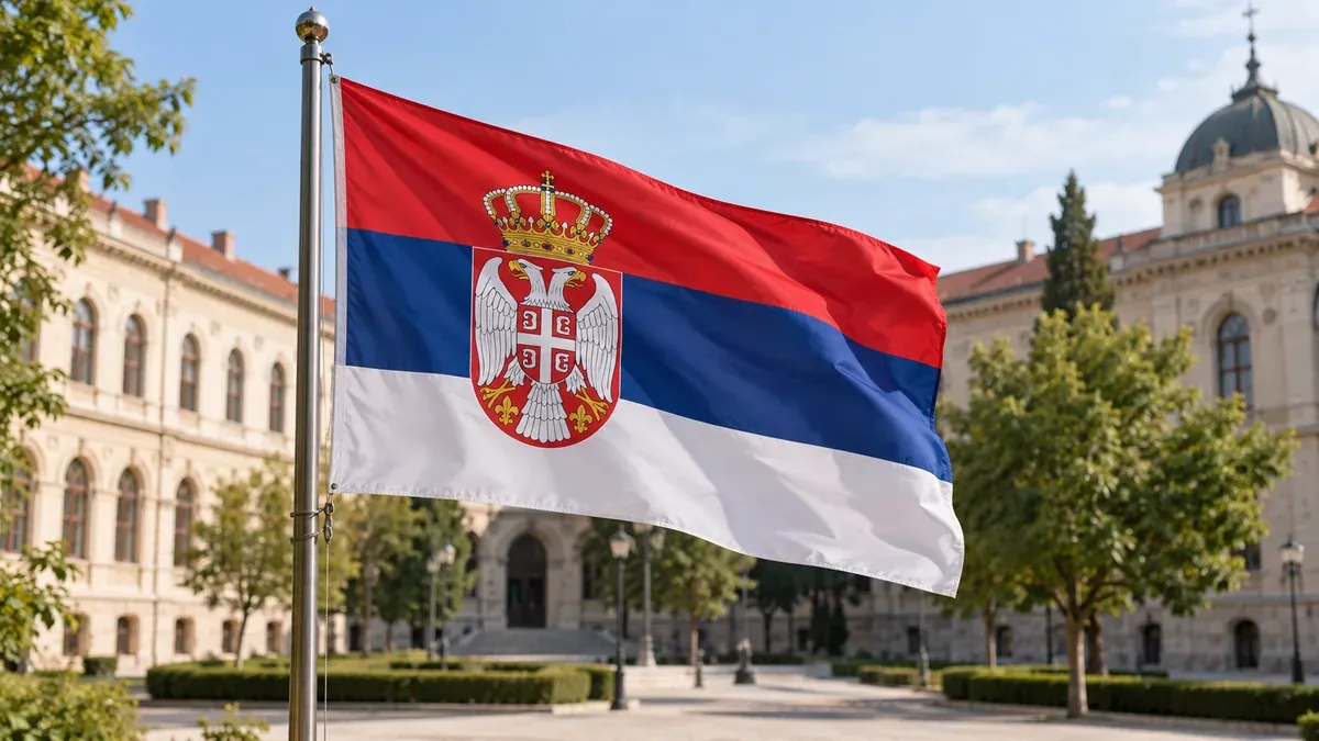 Serbian flag with accurate tricolour and coat of arms, foreground flagpole, a quiet generic European university courtyard softly blurred behind, gentle daylight. No leaders, crowds or invented election event.