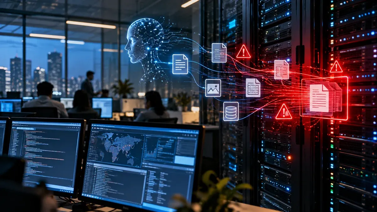 AI-generated illustration showing data streams and warning symbols between an AI interface and corporate servers; not a photograph of a real incident.