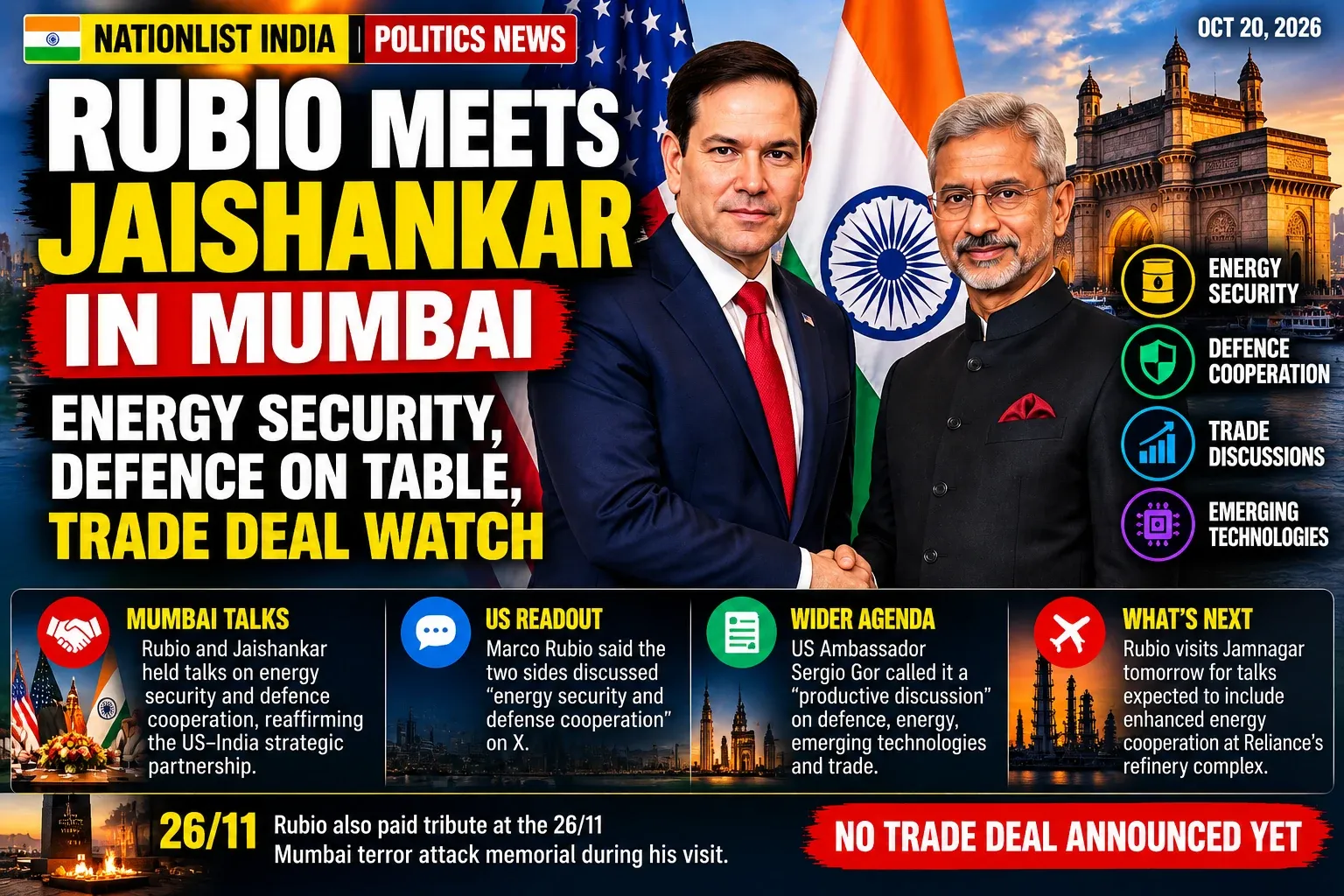 Editorial graphic about Marco Rubio's meeting with S. Jaishankar in Mumbai, showing US and Indian flags and the headline that no trade deal has been announced