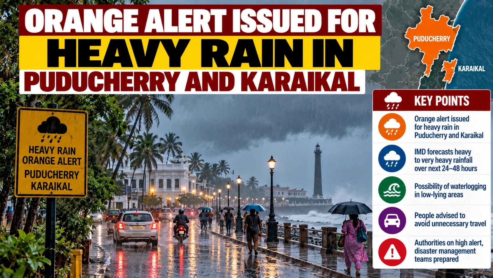 AI-generated illustrative artwork showing heavy rain along the Puducherry coast for the Puducherry and Karaikal orange alert story; not an official weather bulletin.