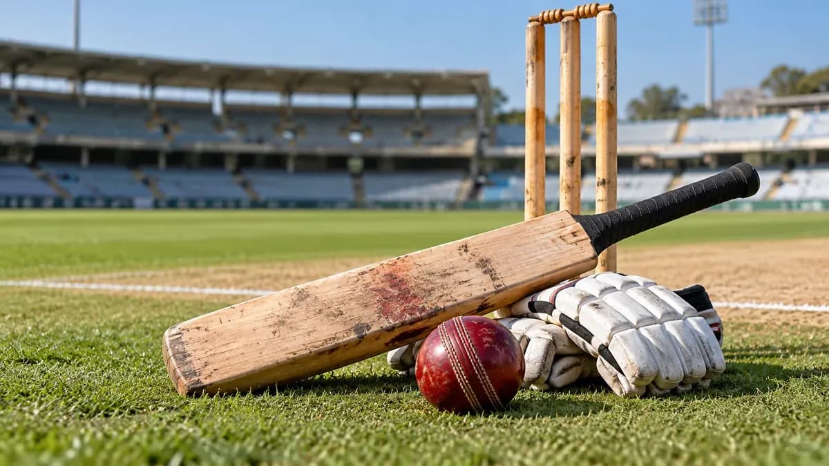 AI-generated illustration: Cricket equipment on a generic ground; not the Punjab–Chhattisgarh match.