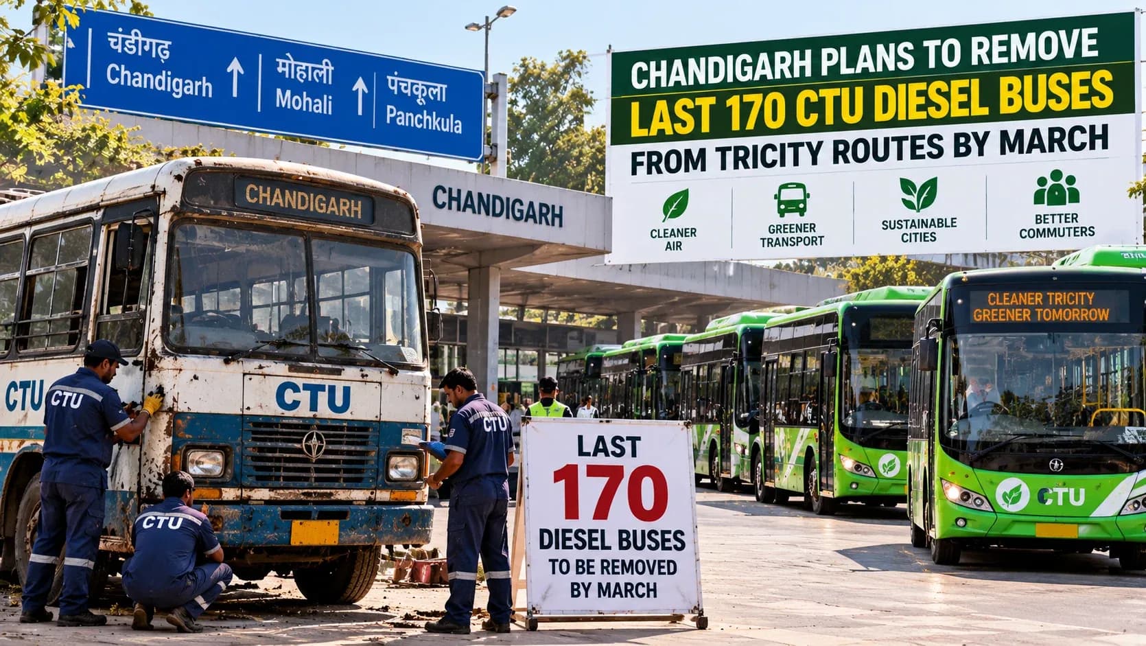 AI-generated illustrative artwork showing Chandigarh CTU diesel buses being phased out in favor of cleaner buses; not a documentary photograph.