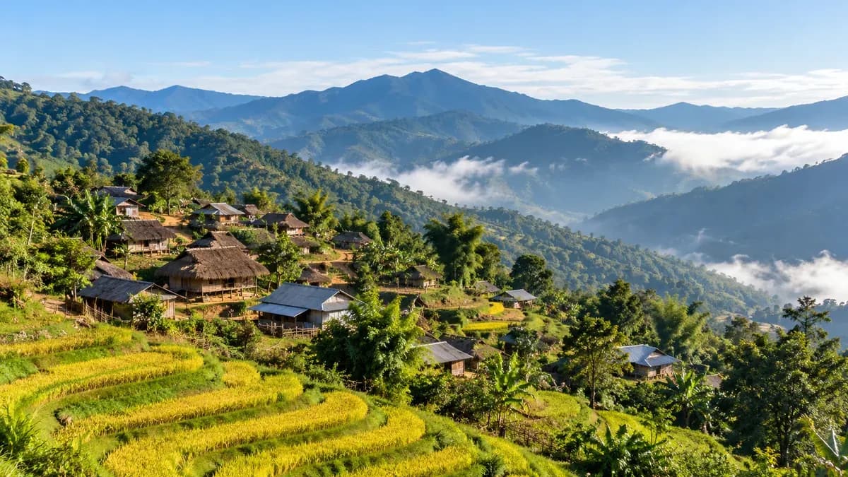 Representative lush eastern Nagaland hill landscape with a modest village and terraced slopes, natural morning light, simple focal ridge, no officials, no fictional government building.