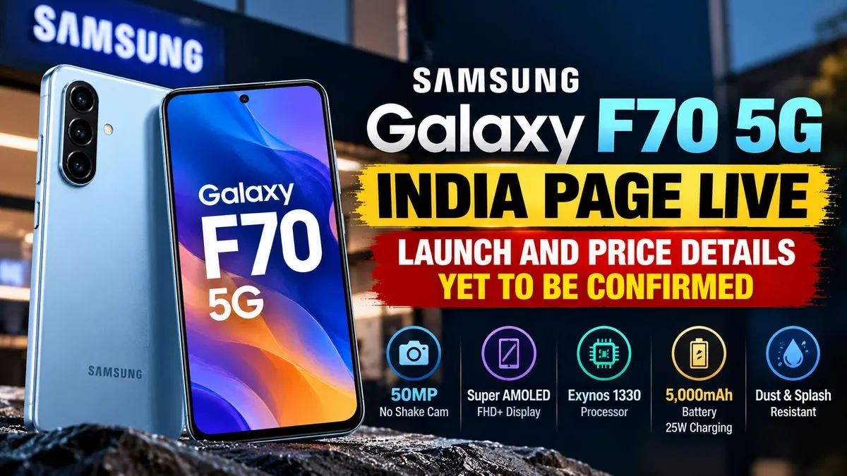 AI-generated technology illustration of a Samsung Galaxy F70 5G phone; product appearance is illustrative