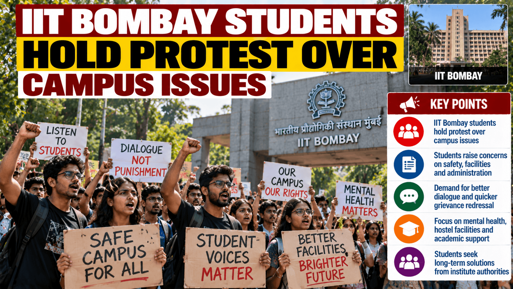 AI-generated illustrative graphic of a student protest at IIT Bombay; not a documentary photograph or verified depiction of the specific protest.