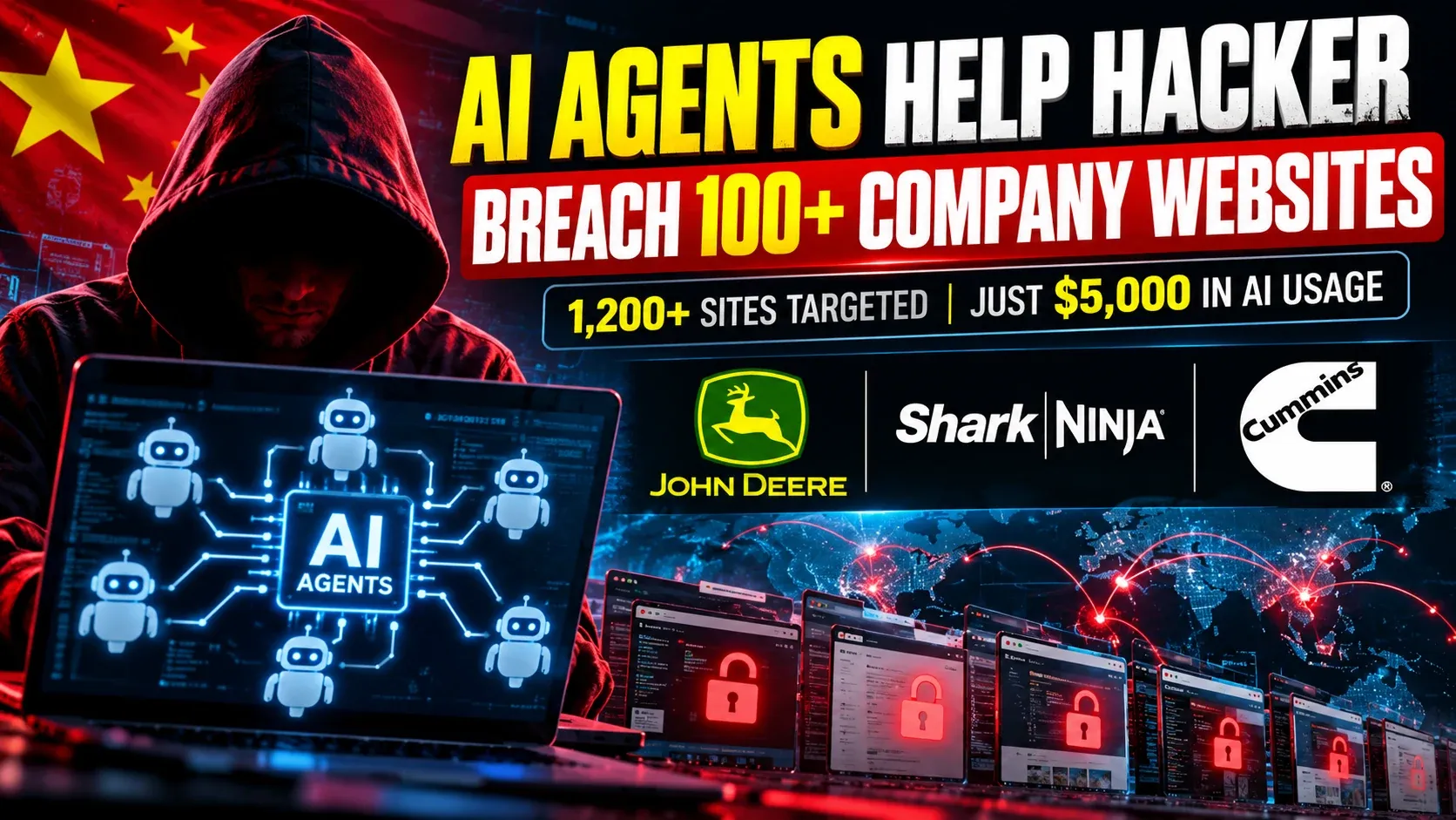 Illustrative graphic depicting an AI-assisted cyberattack campaign targeting company websites