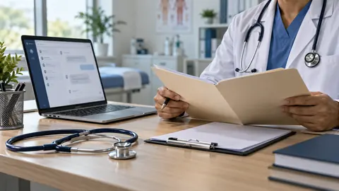 AI-generated illustration: A generic clinician reviewing a file beside a laptop; not Ann Patrick, her doctors or medical records.