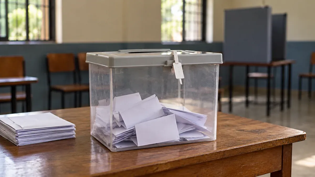 A sealed generic ballot box on a wooden desk inside a quiet Indian polling room, folded blank ballots, background chairs softly blurred, no party symbols, no voters, no written labels.
