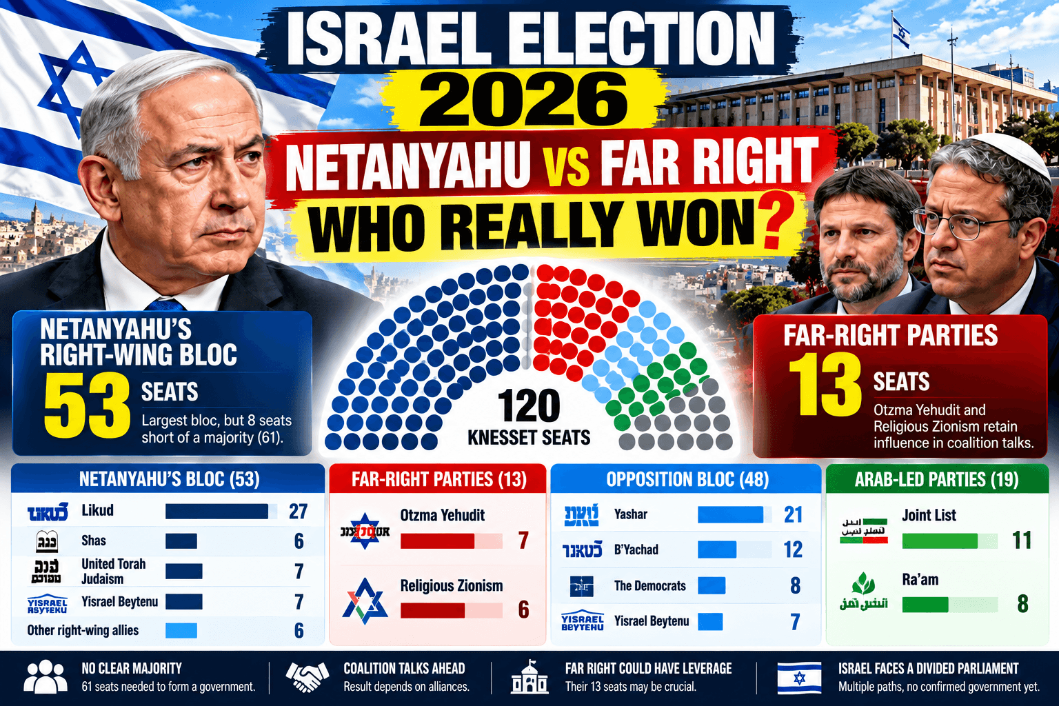 Israel Election 2026 infographic comparing Netanyahu’s right-wing bloc and far-right parties