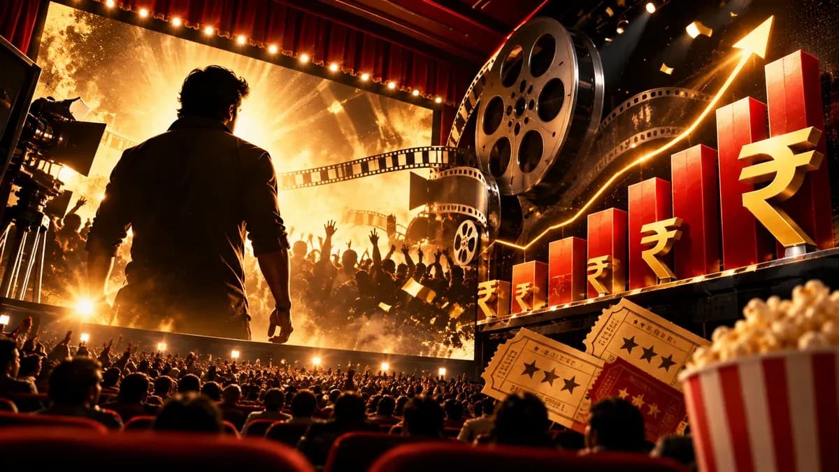 AI-generated cinema and box-office illustration with a silhouetted film hero, theatre audience and rising rupee bars; not official Jailer 2 artwork.