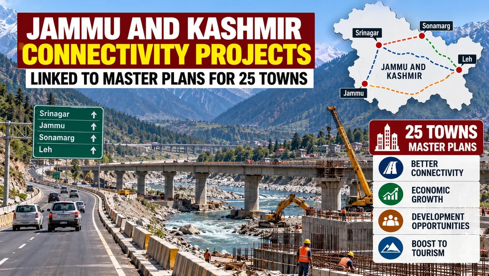 AI-generated illustrative infographic showing road, rail and bridge connectivity projects across Jammu and Kashmir's mountainous region; not a documentary photograph.