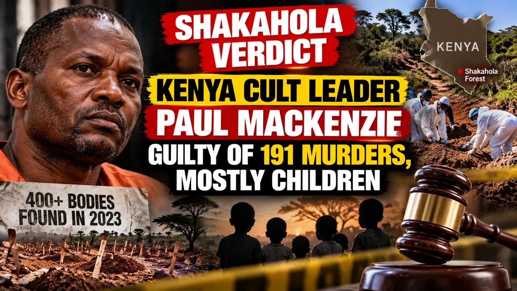 Illustrative news graphic about the Shakahola verdict in Kenya, featuring Paul Mackenzie, a forest excavation scene and a court gavel