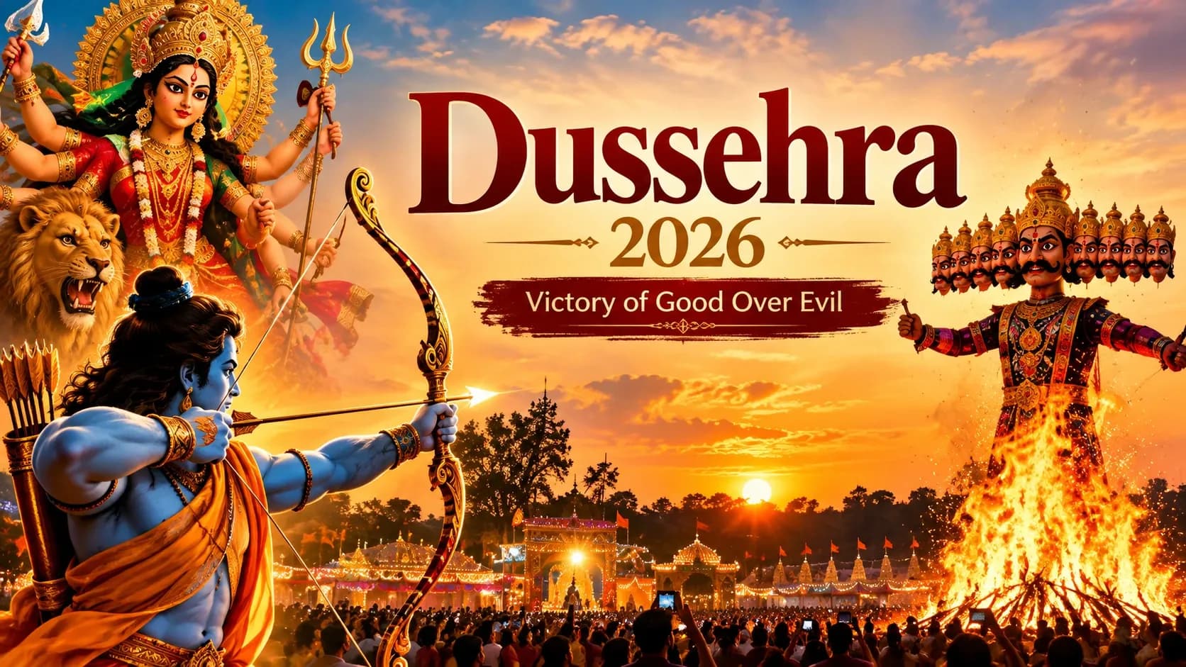Festive Dussehra illustration featuring Lord Rama, Goddess Durga and a Ravana effigy at sunset.