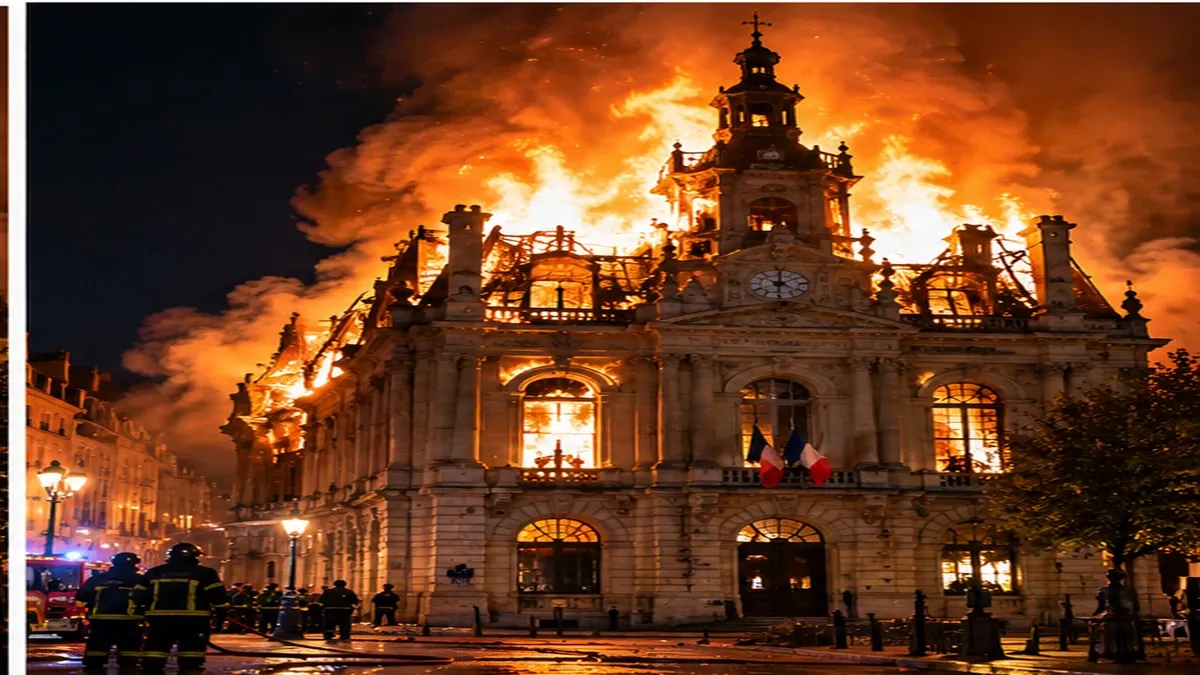 AI-generated illustration of the historic Limoges Town Hall engulfed in flames; not an actual photograph.