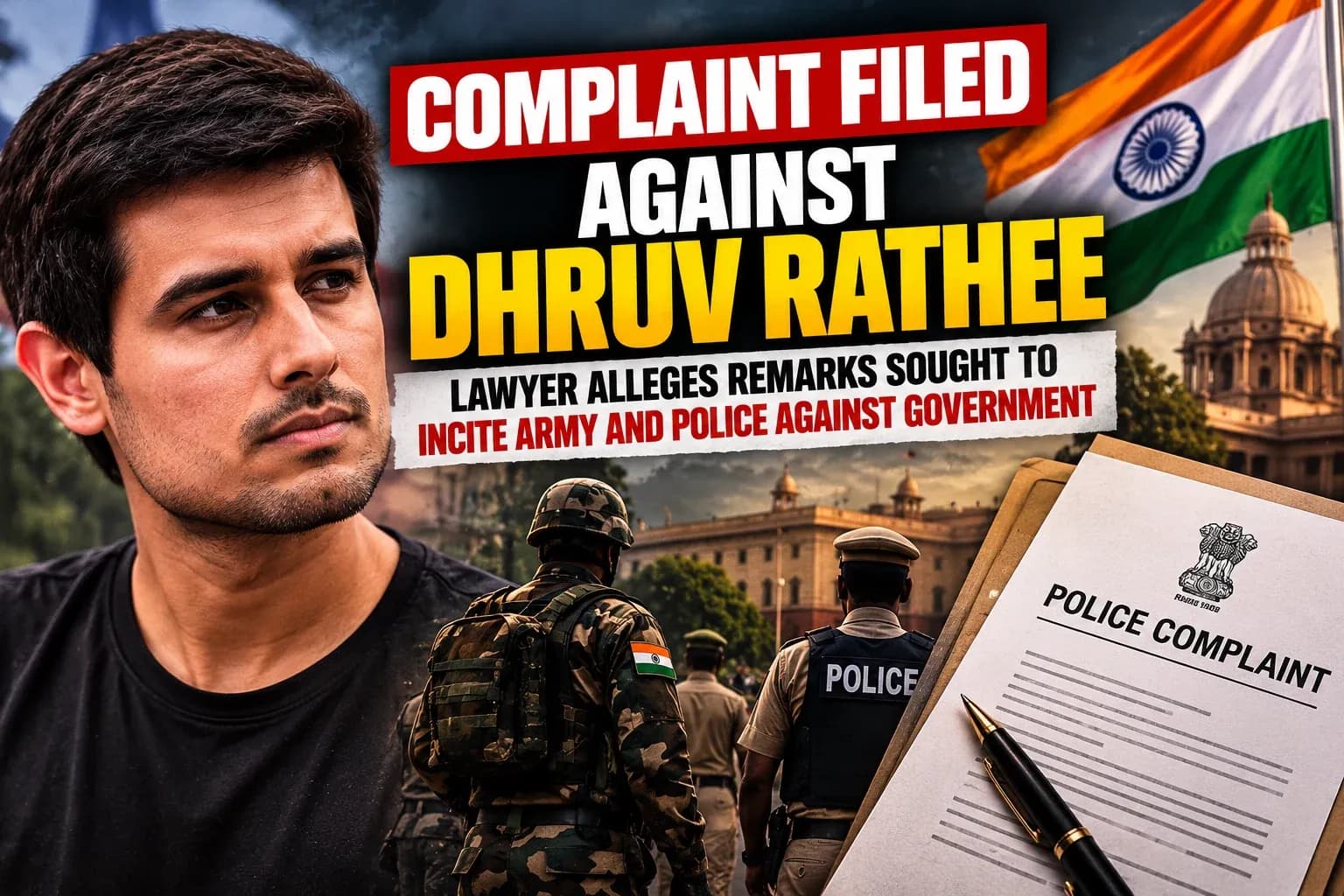 AI-generated editorial illustration for a report about a complaint against Dhruv Rathee; allegations remain unproven.