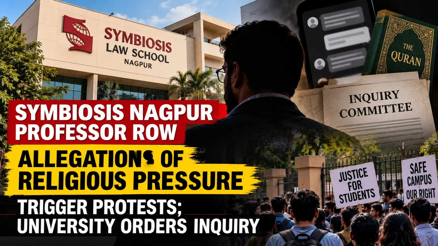AI-generated editorial illustration for a report on allegations and an inquiry at Symbiosis Law School Nagpur; not a documentary photograph.
