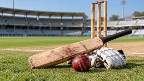 AI-generated illustration: Cricket equipment on a generic ground; not the Punjab–Chhattisgarh match.