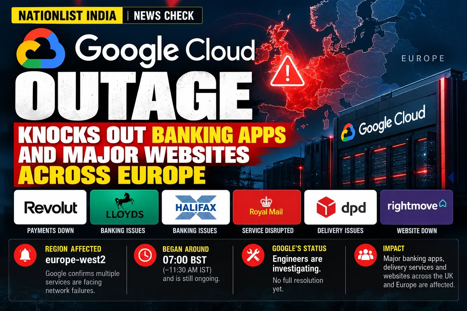 Illustrative graphic about a Google Cloud regional outage affecting services in Europe