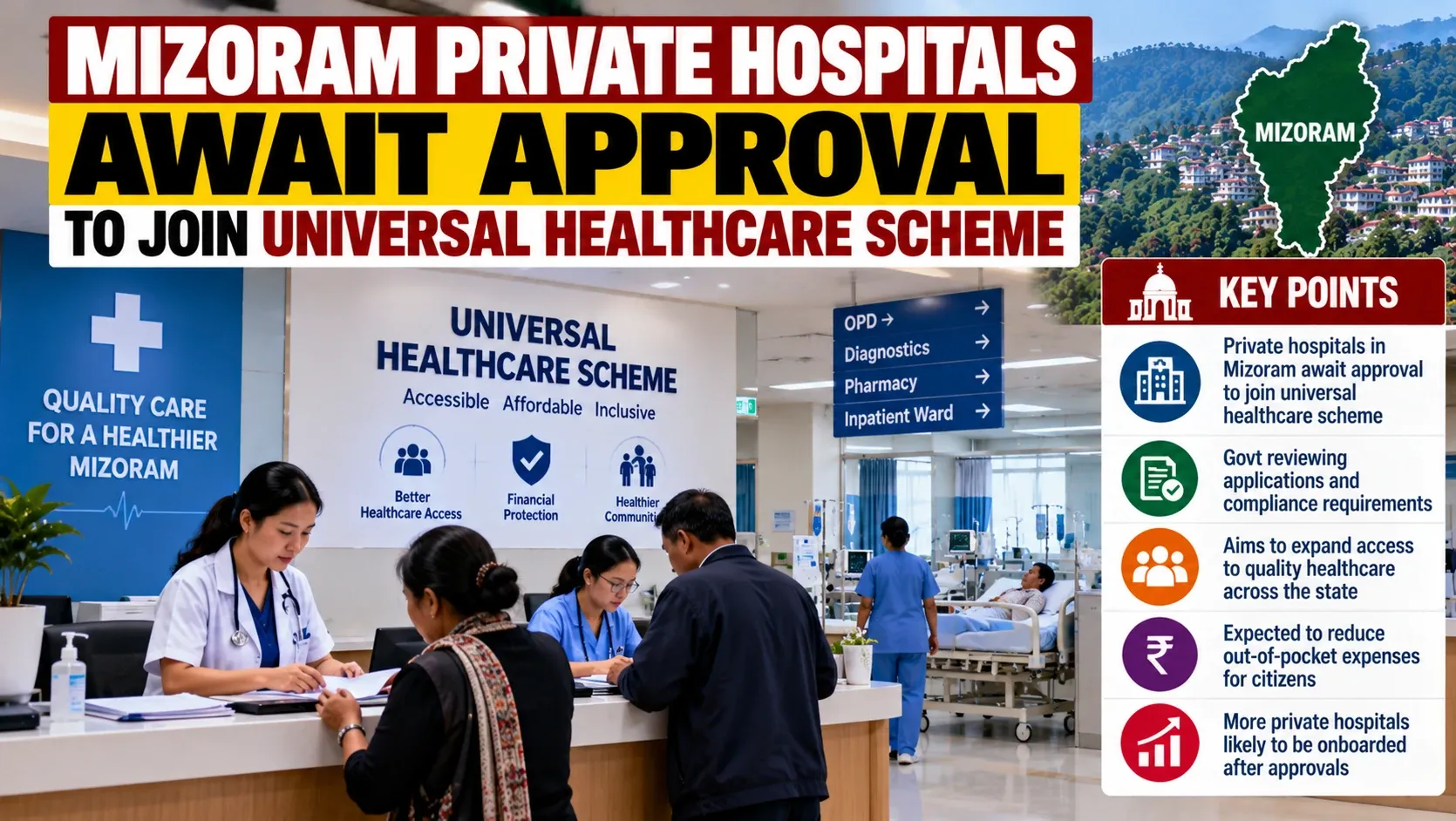 AI-generated illustrative artwork showing a modern hospital and healthcare access in Mizoram; not an official government graphic.