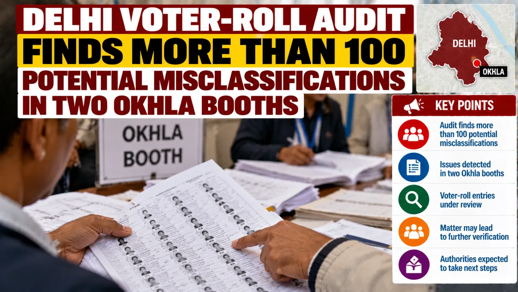 AI-generated illustrative graphic of officials reviewing voter-roll documents in Okhla, Delhi; not an official election graphic or documentary photograph.
