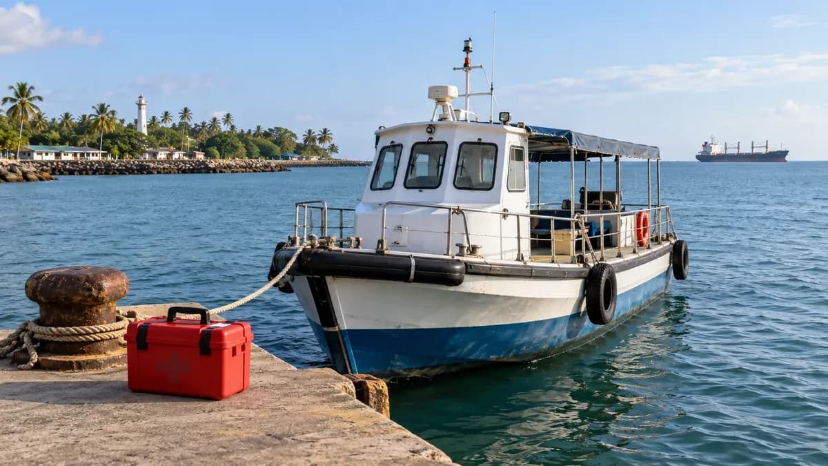 A generic southern Sri Lankan-style tropical harbour with an ordinary small transfer boat in foreground, a commercial vessel far offshore, small plain medical kit on pier without logo, calm natural light; no identifiable rescue or injured person.